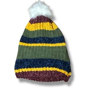 Striped Pom Beanie - Green/Yellow/Blue